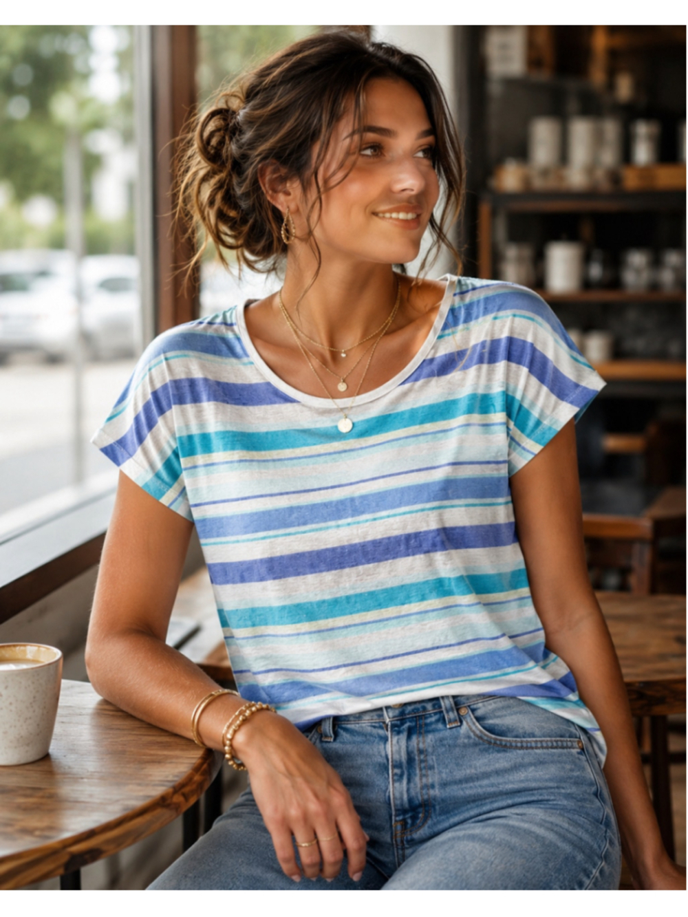 Women's TALBOTS Blue & White Striped Linen Short Sleeve Tee L Summer